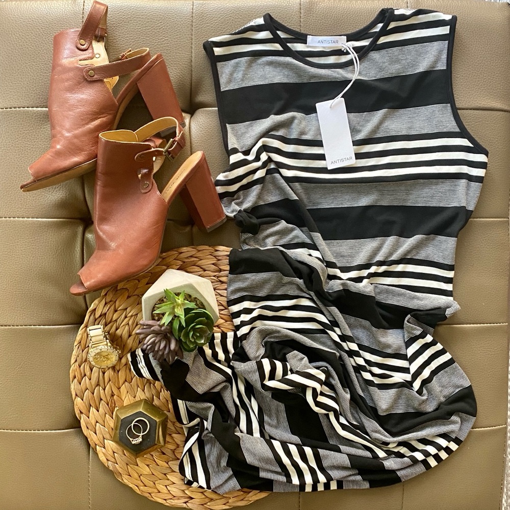 Black and Cream Striped Midi Dress NWT